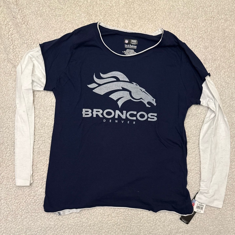 Women's Long Sleeve Denver Broncos Tee - Navy and White Top